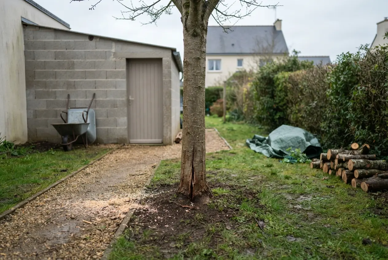 Arbre dangereux avant abattage dans un jardin de Quéven