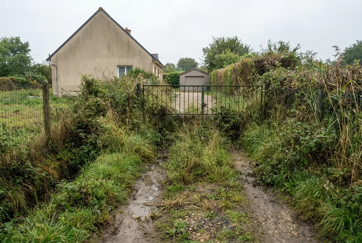 Terrain caudanais envahi avant débroussaillage