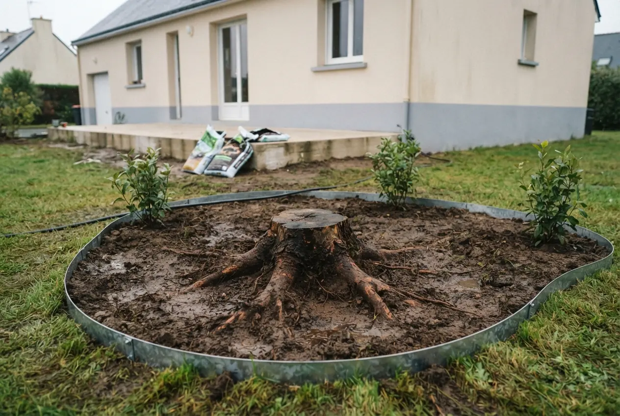 Souche visible avant rognage dans un jardin à Lanester