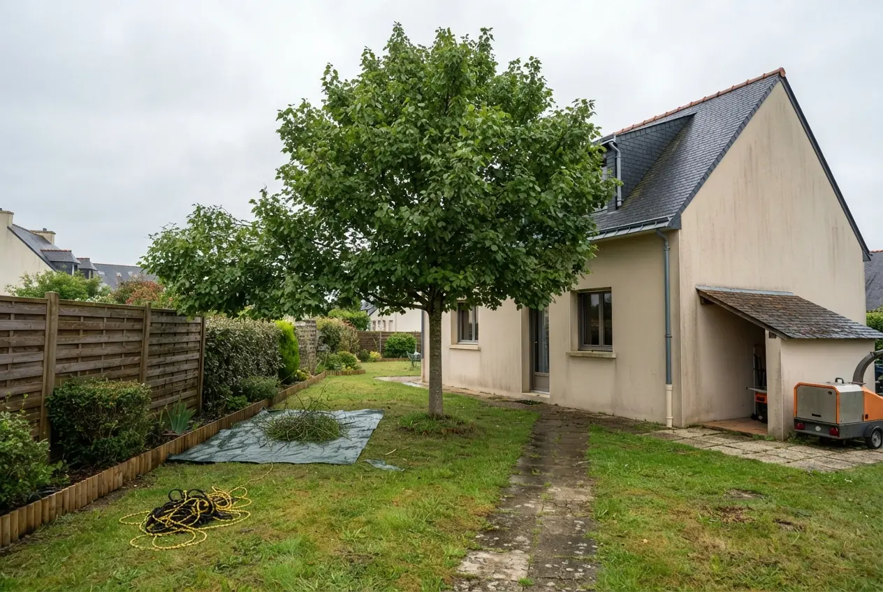 Pin dense avant élagage dans un jardin à Lanester