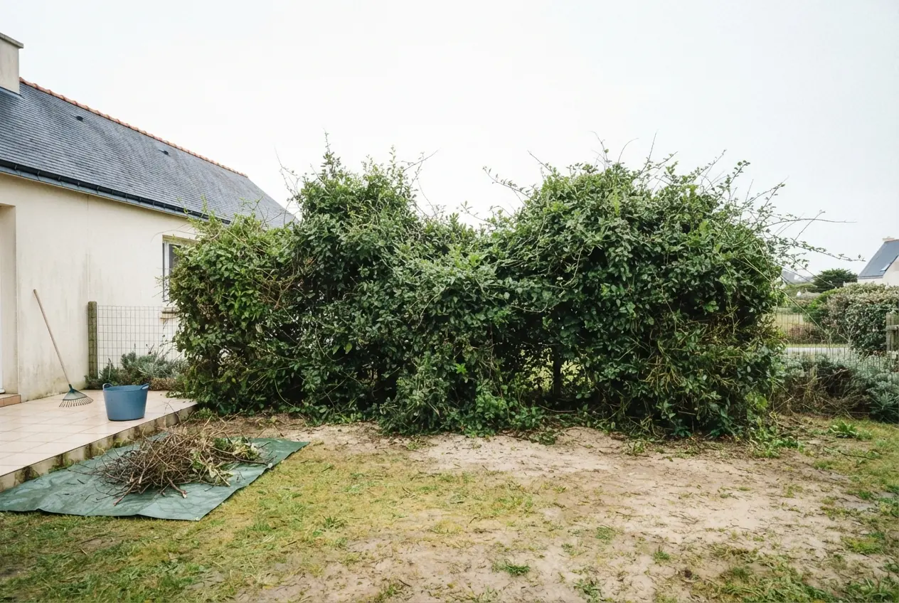 Haie persistante déformée avant taille à Larmor-Plage