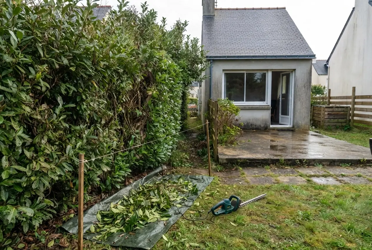 Haie de lauriers taillée proprement dans un jardin lorientais