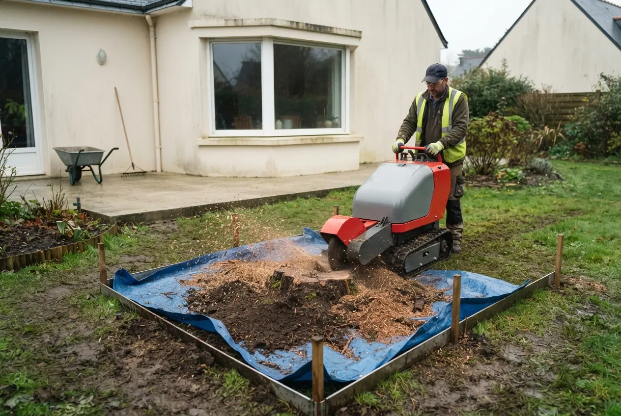 Rognage de souche dans un jardin à Lorient