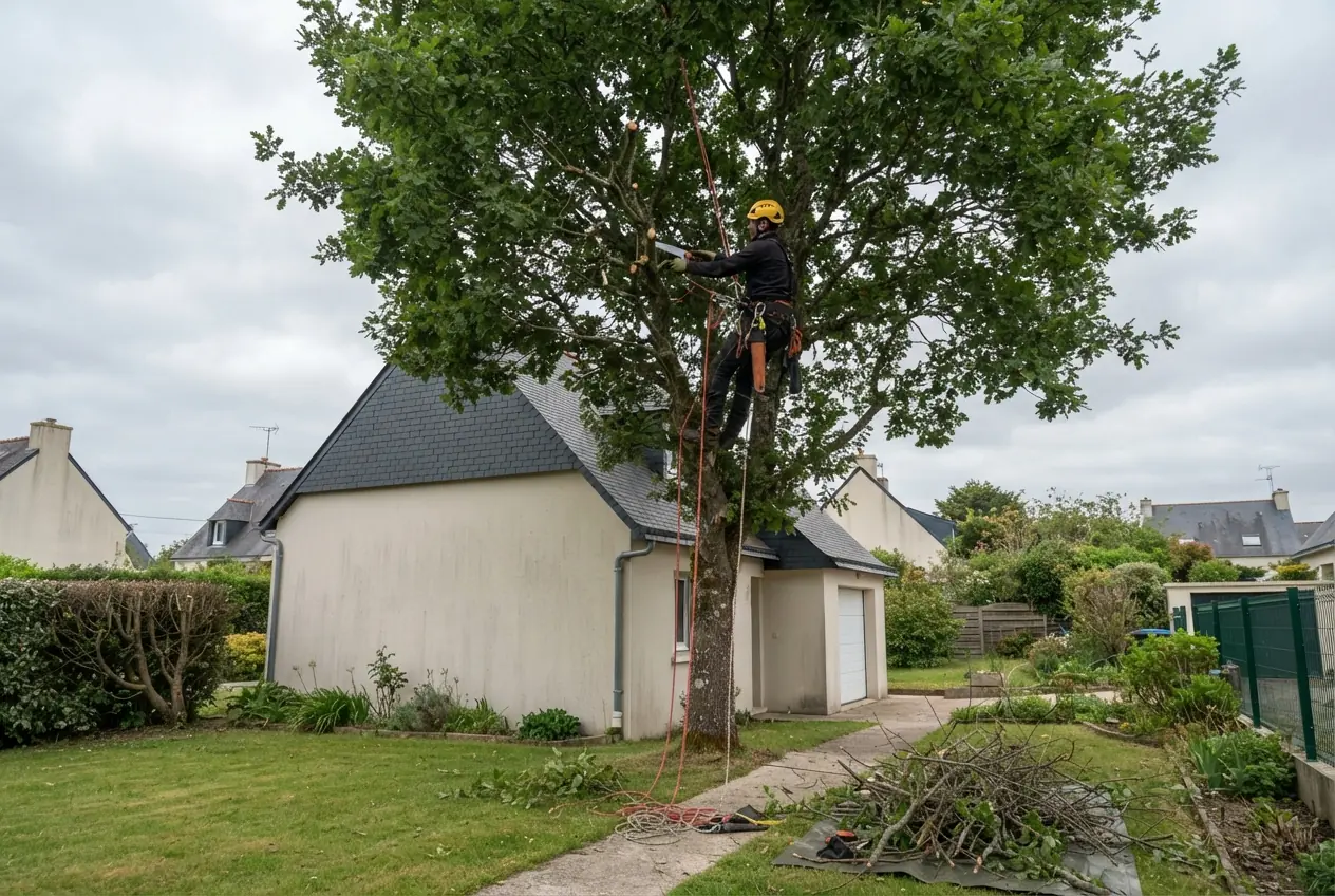 Élagueur taillant un arbre dans un jardin lorientais
