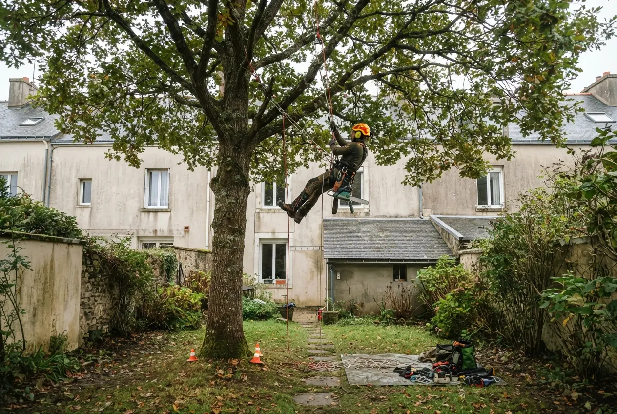 Élagueur grimpeur sur cordes dans un arbre caudanais